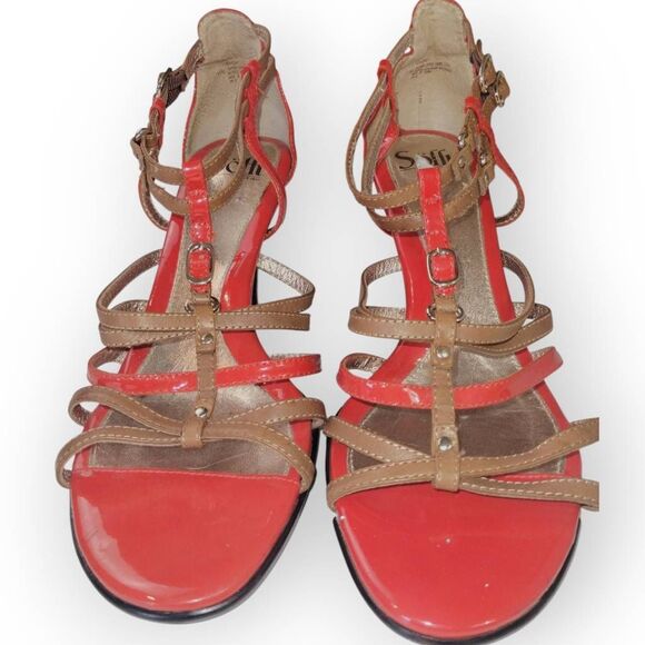 Sofft Womens Heels Sz 11 Red Tan Strappy Buckles‎ 3" High Patent Leather Comfort - Picture 7 of 13